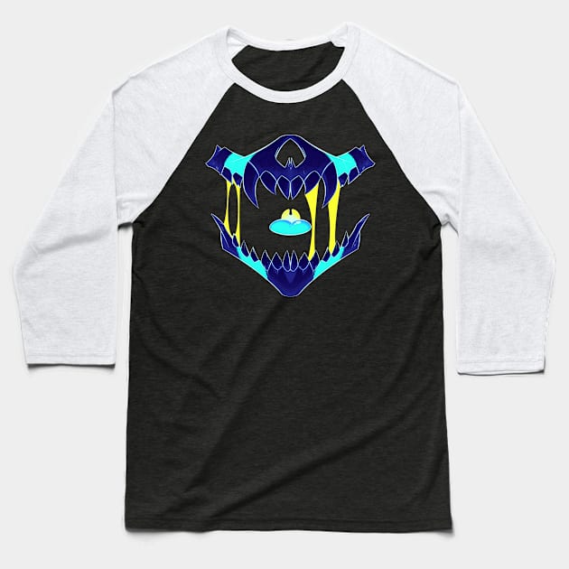 Demon Skull Mask 7 BIG NEON BLUE GLOW Baseball T-Shirt by Niall Byrne